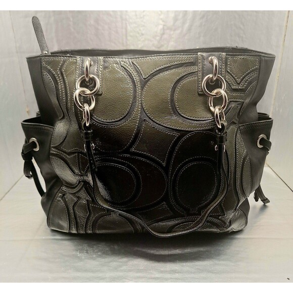 Coach 16449 Colette Black and Grey Patent Leather/Leather Patchwork Tote - Picture 1 of 10